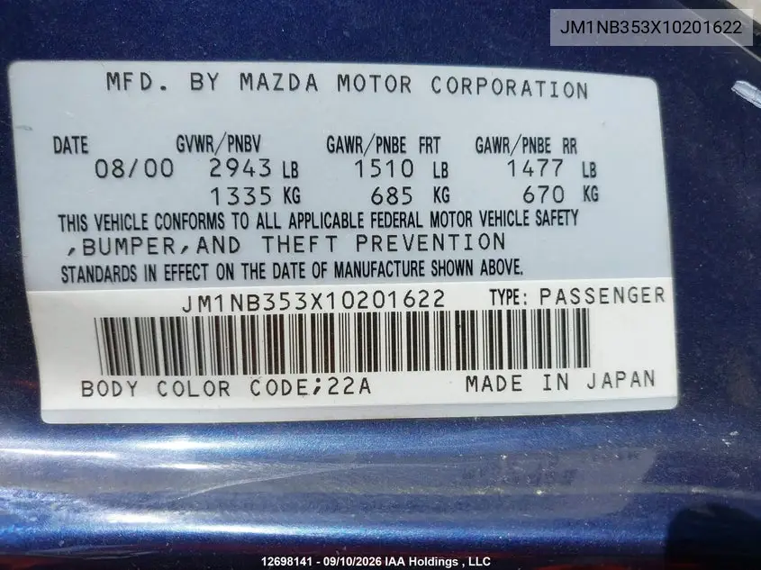 2001 MAZDA MX-5 VIN JM1NB353X10201622 — фото 19