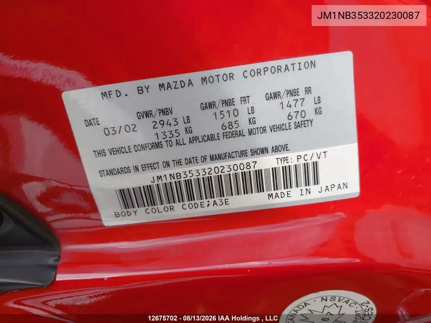 2002 MAZDA MX-5 VIN JM1NB353320230087 — фото 20