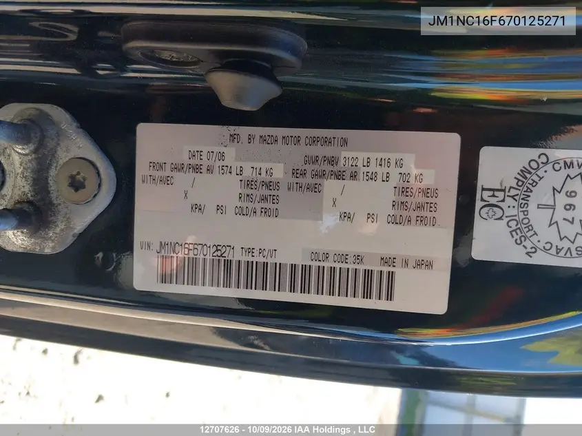 2007 MAZDA MX-5 VIN JM1NC16F670125271 — фото 9