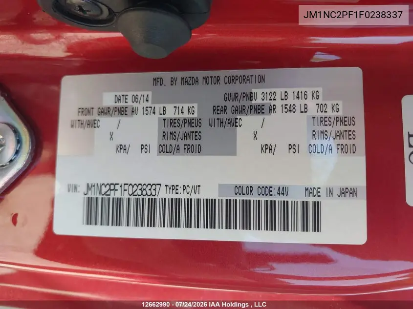 2015 MAZDA MX-5 VIN JM1NC2PF1F0238337 — фото 18