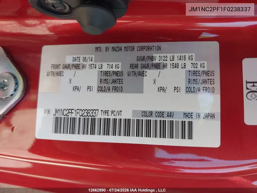 2015 MAZDA MX-5 VIN JM1NC2PF1F0238337 — фото 9