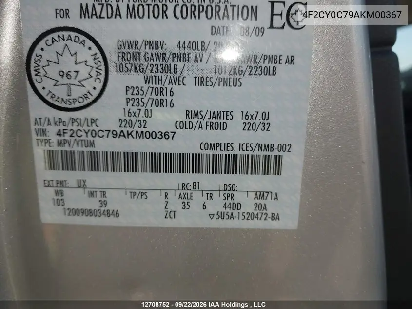 2010 MAZDA TRIBUTE VIN 4F2CY0C79AKM00367 — фото 18