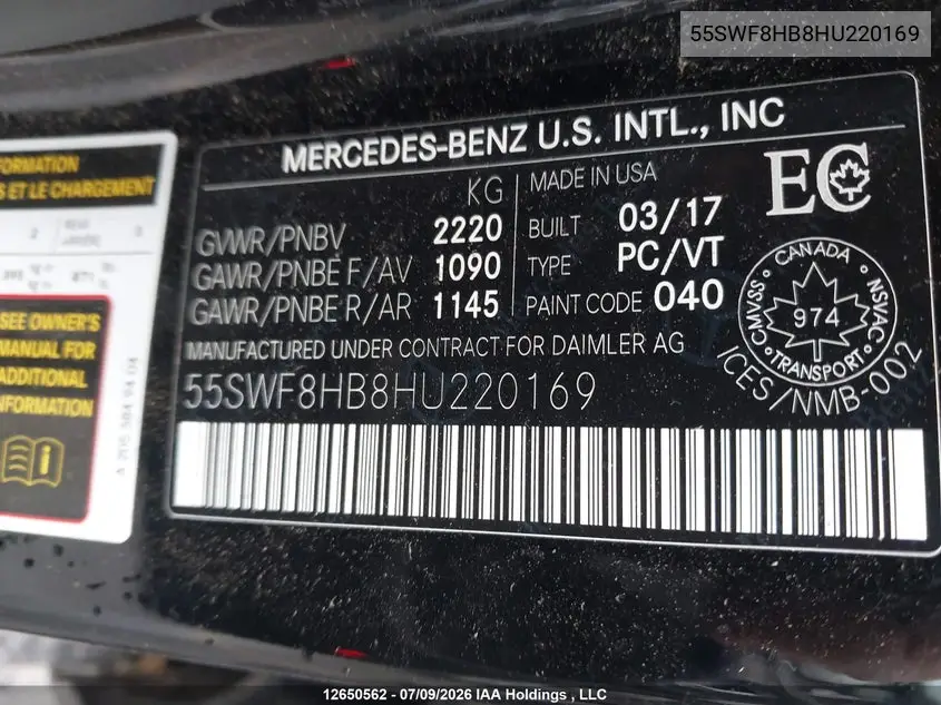 2017 MERCEDES C-KLASSE VIN 55SWF8HB8HU220169 — фото 18