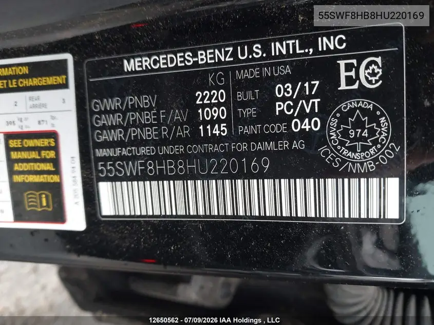2017 MERCEDES C-KLASSE VIN 55SWF8HB8HU220169 — фото 9