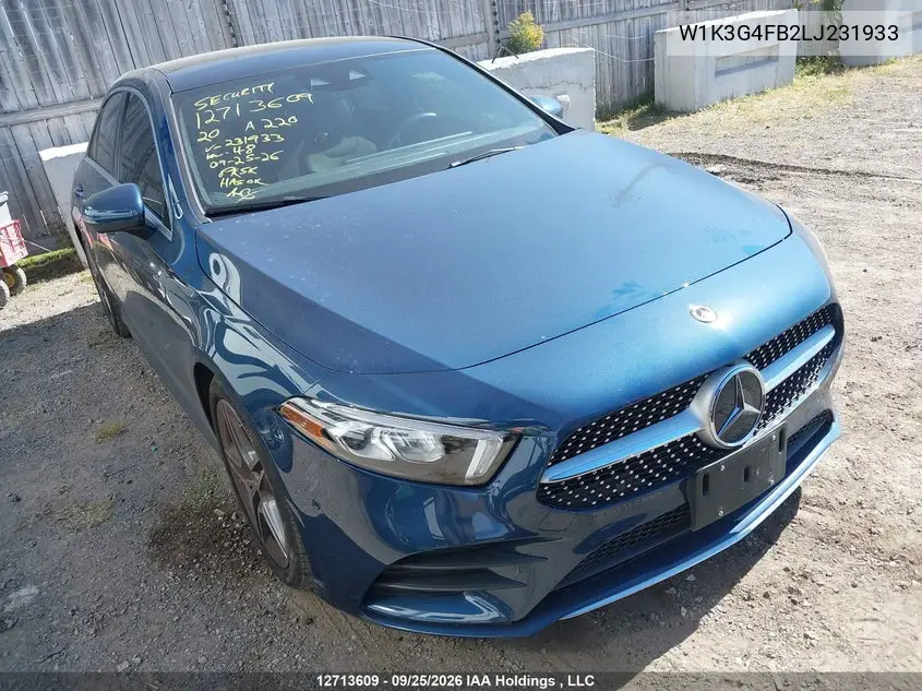 MERCEDES A-KLASSE 2020, VIN W1K3G4FB2LJ231933