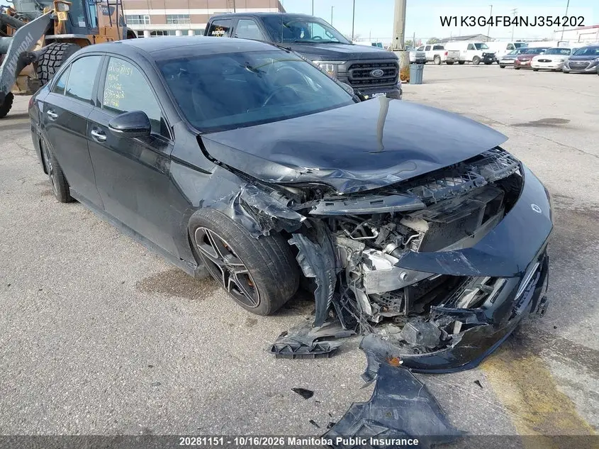 MERCEDES A-KLASSE 2022, VIN W1K3G4FB4NJ354202
