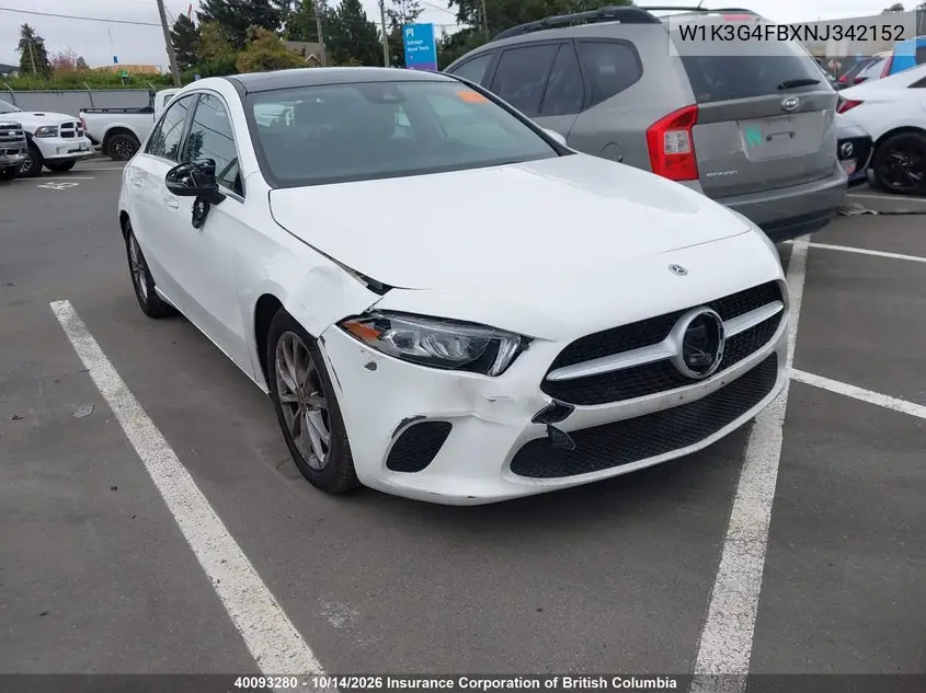MERCEDES A-KLASSE 2022, VIN W1K3G4FBXNJ342152
