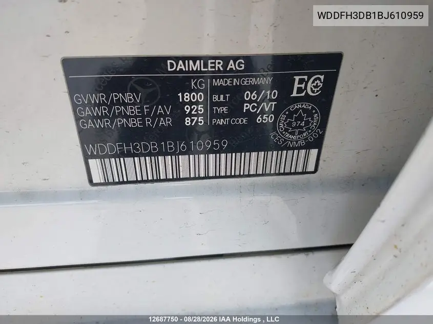 2011 MERCEDES B-KLASSE VIN WDDFH3DB1BJ610959 — фото 9