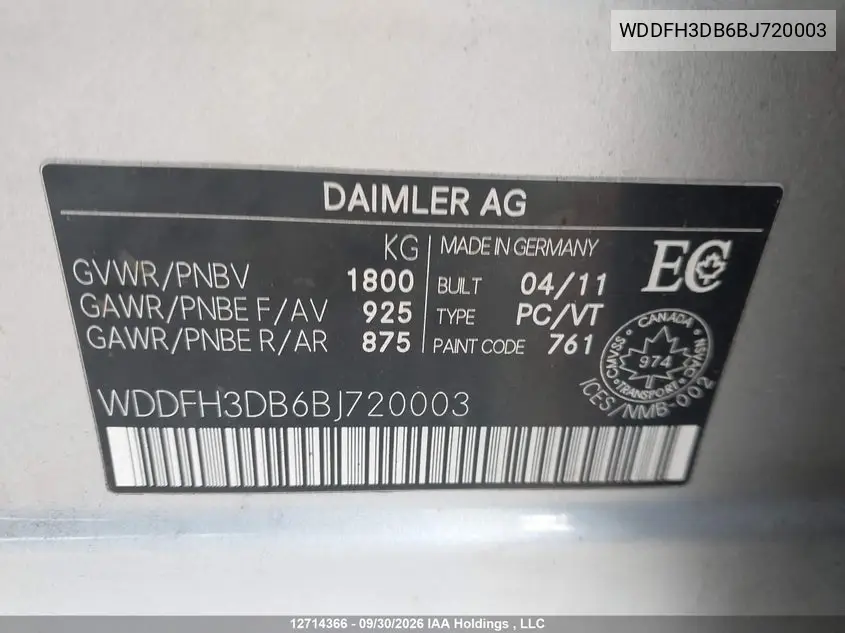 2011 MERCEDES B-KLASSE VIN WDDFH3DB6BJ720003 — фото 9