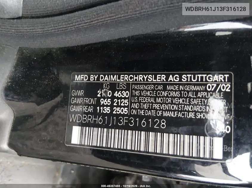 2003 MERCEDES C-KLASSE VIN WDBRH61J13F316128 — фото 9