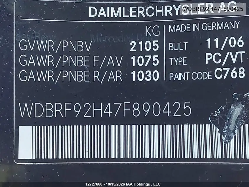 2007 MERCEDES C-KLASSE VIN WDBRF92H47F890425 — фото 9