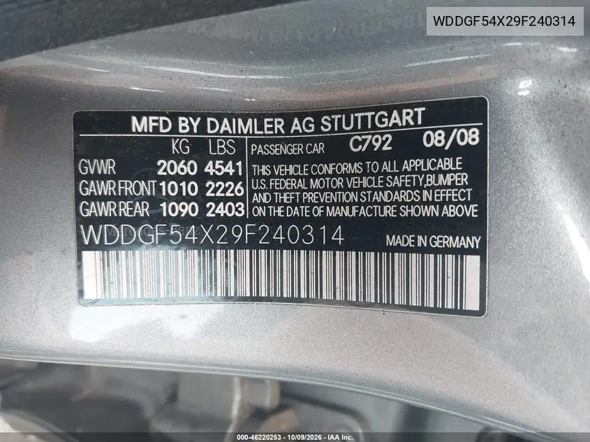 2009 MERCEDES C-KLASSE VIN WDDGF54X29F240314 — фото 9