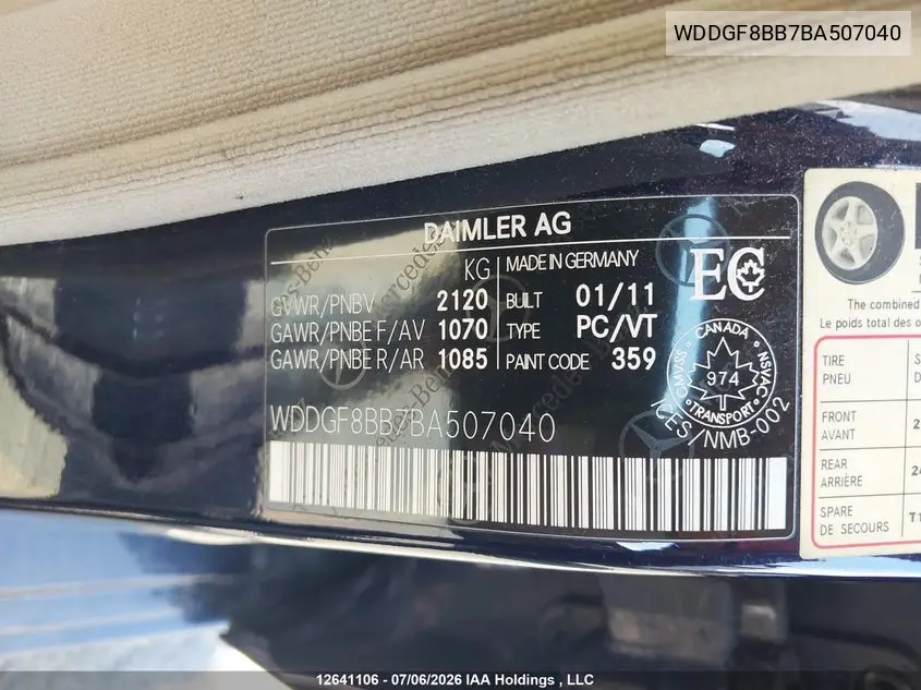 2011 MERCEDES C-KLASSE VIN WDDGF8BB7BA507040 — фото 19