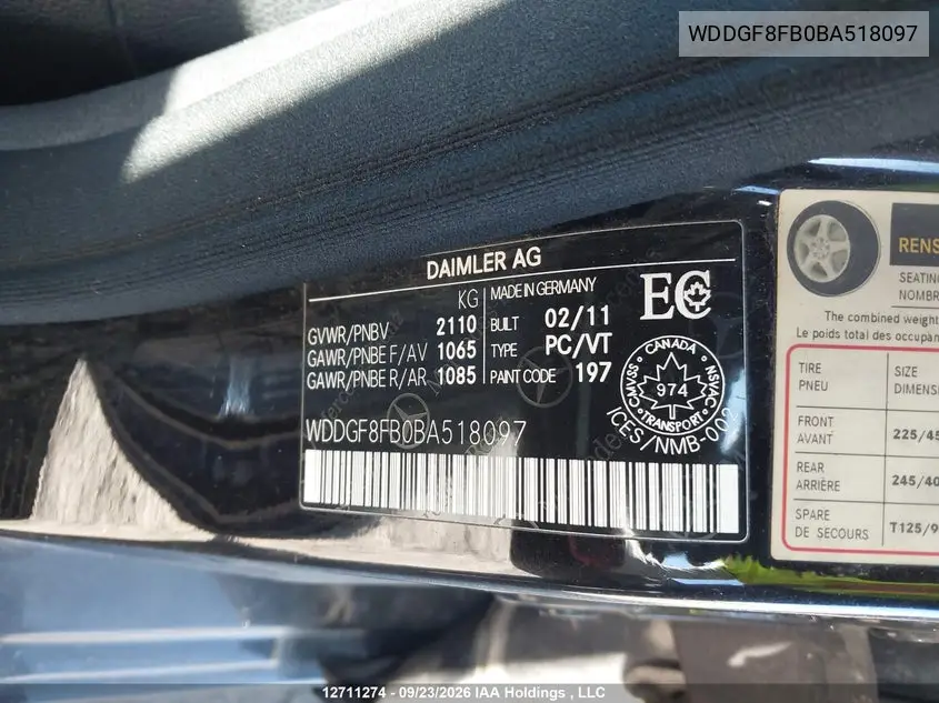2011 MERCEDES C-KLASSE VIN WDDGF8FB0BA518097 — фото 9