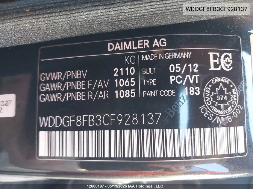 2012 MERCEDES C-KLASSE VIN WDDGF8FB3CF928137 — фото 20