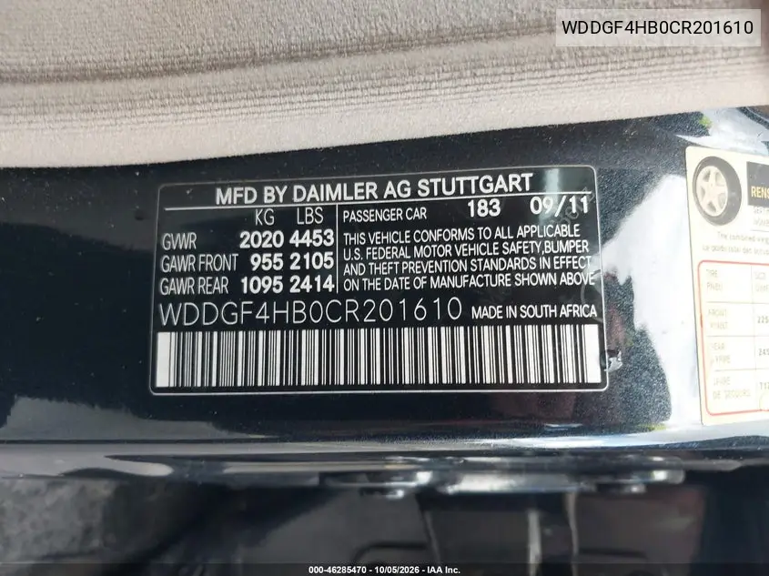 2012 MERCEDES C-KLASSE VIN WDDGF4HB0CR201610 — фото 9