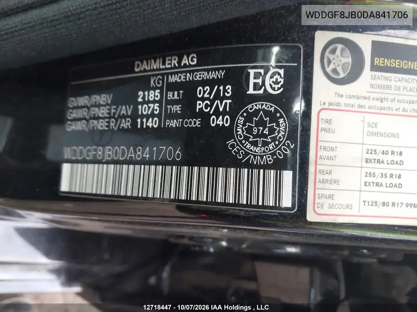2013 MERCEDES C-KLASSE VIN WDDGF8JB0DA841706 — фото 9