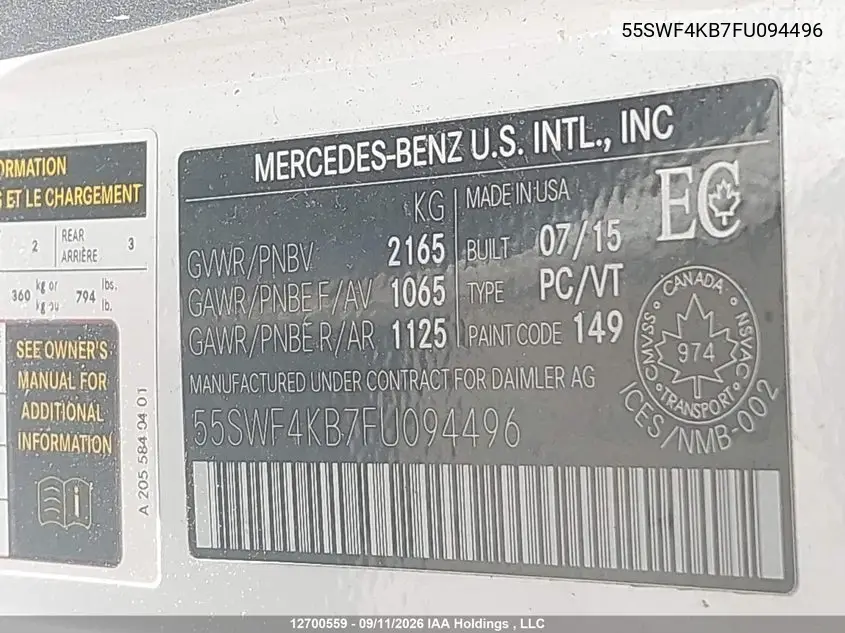 2015 MERCEDES C-KLASSE VIN 55SWF4KB7FU094496 — фото 9