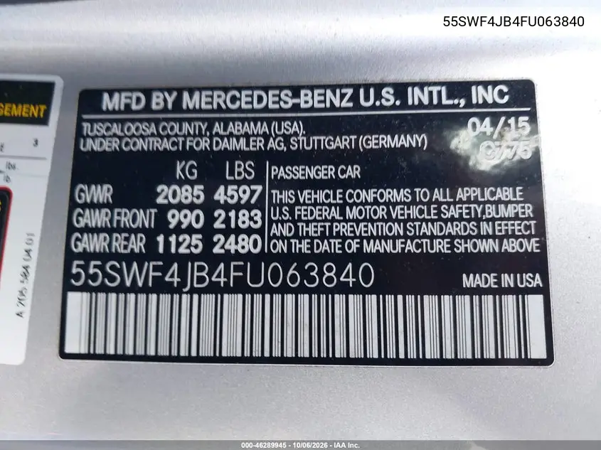 2015 MERCEDES C-KLASSE VIN 55SWF4JB4FU063840 — фото 9