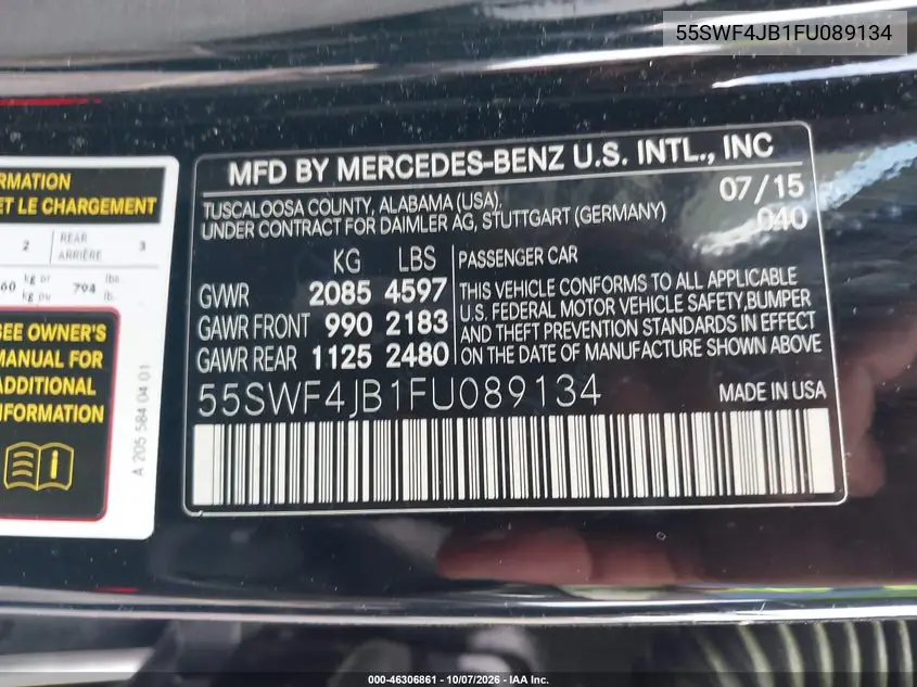 2015 MERCEDES C-KLASSE VIN 55SWF4JB1FU089134 — фото 9