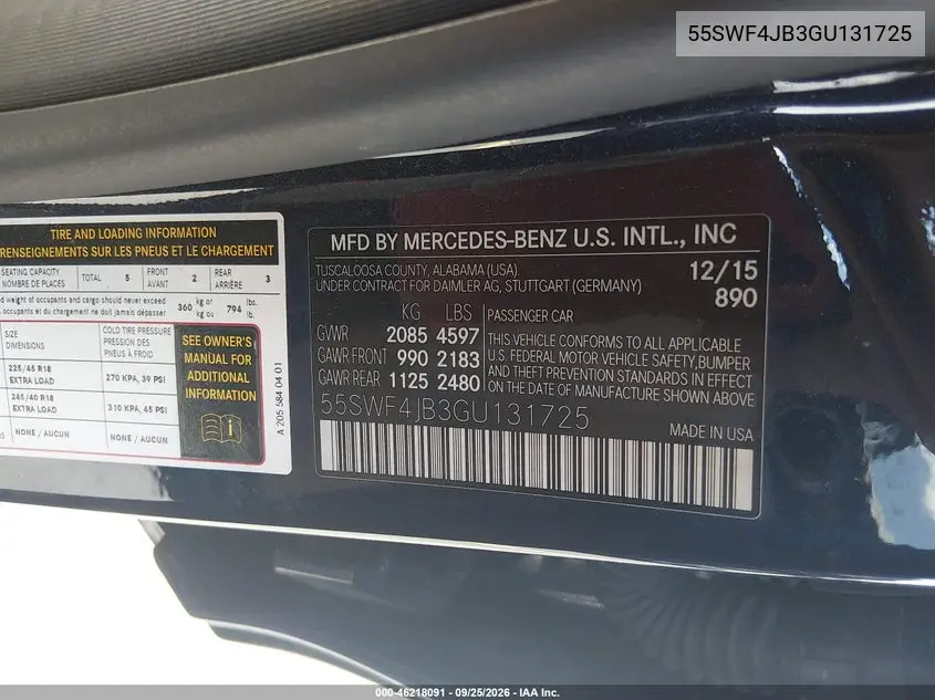 2016 MERCEDES C-KLASSE VIN 55SWF4JB3GU131725 — фото 9