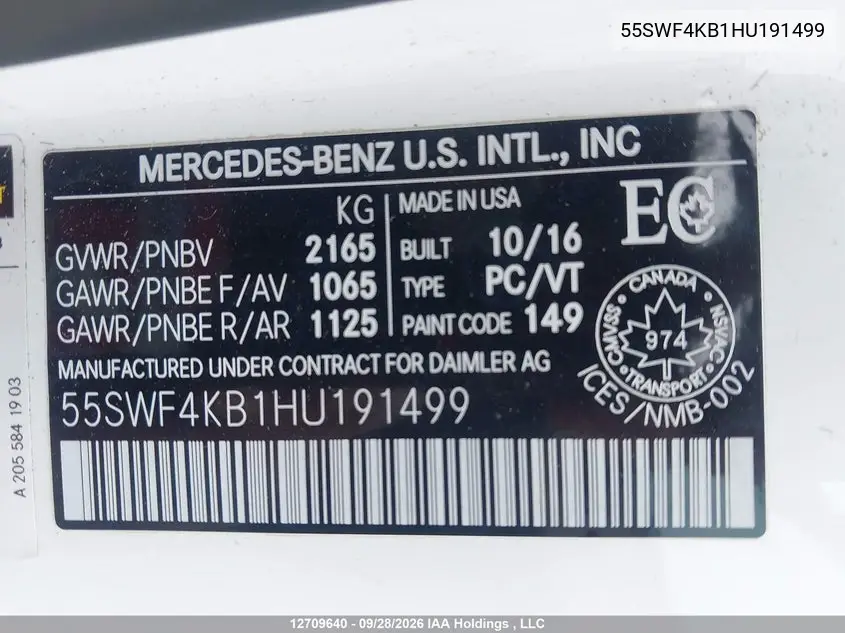 2017 MERCEDES C-KLASSE VIN 55SWF4KB1HU191499 — фото 9