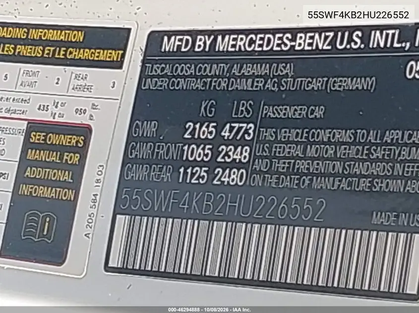 2017 MERCEDES C-KLASSE VIN 55SWF4KB2HU226552 — фото 9