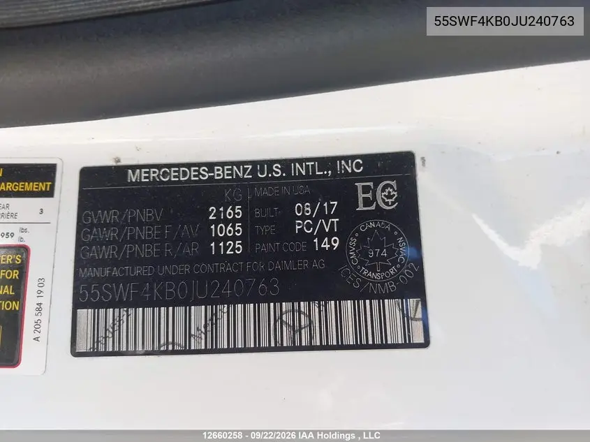 2018 MERCEDES C-KLASSE VIN 55SWF4KB0JU240763 — фото 19