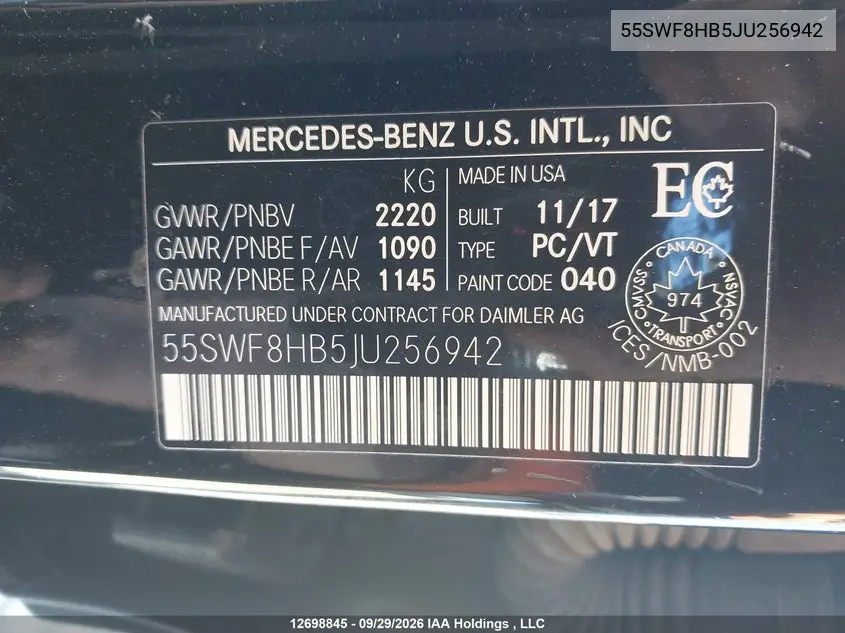 2018 MERCEDES C-KLASSE VIN 55SWF8HB5JU256942 — фото 9