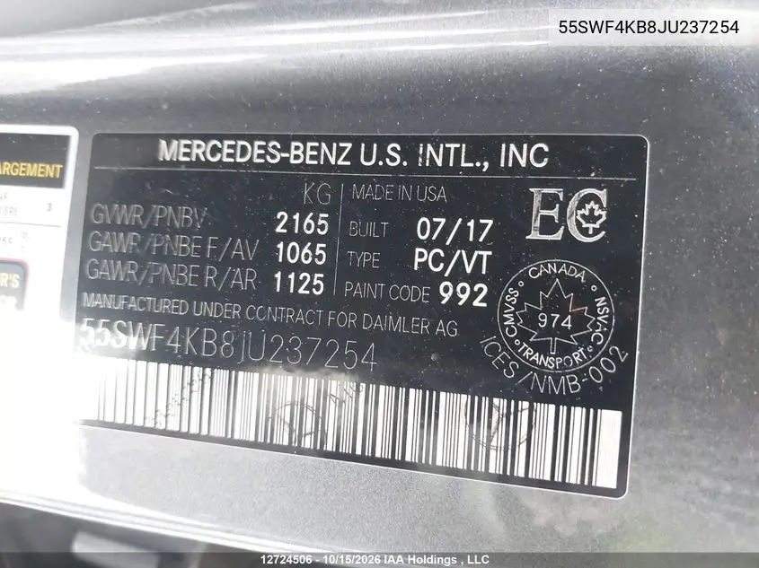 2018 MERCEDES C-KLASSE VIN 55SWF4KB8JU237254 — фото 9