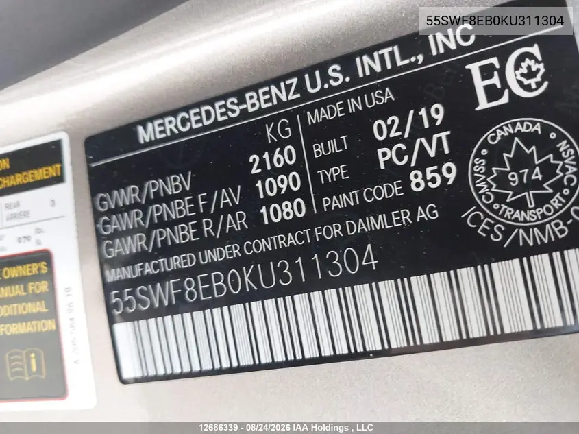 2019 MERCEDES C-KLASSE VIN 55SWF8EB0KU311304 — фото 9