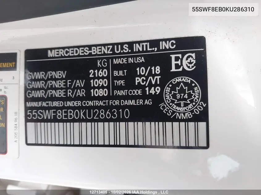 2019 MERCEDES C-KLASSE VIN 55SWF8EB0KU286310 — фото 9