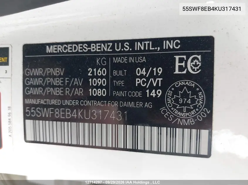 2019 MERCEDES C-KLASSE VIN 55SWF8EB4KU317431 — фото 9