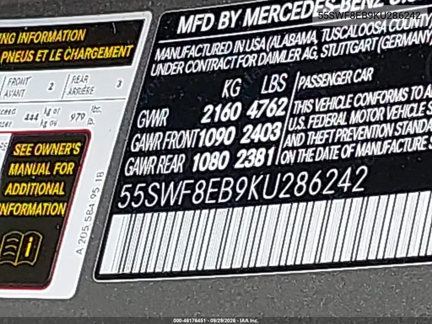 2019 MERCEDES C-KLASSE VIN 55SWF8EB9KU286242 — фото 9