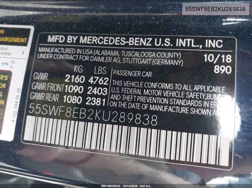 2019 MERCEDES C-KLASSE VIN 55SWF8EB2KU289838 — фото 9