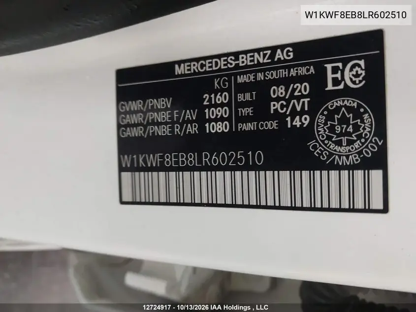 2020 MERCEDES C-KLASSE VIN W1KWF8EB8LR602510 — фото 19