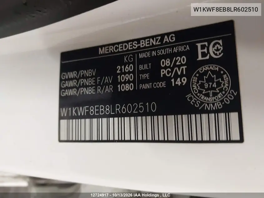 2020 MERCEDES C-KLASSE VIN W1KWF8EB8LR602510 — фото 9