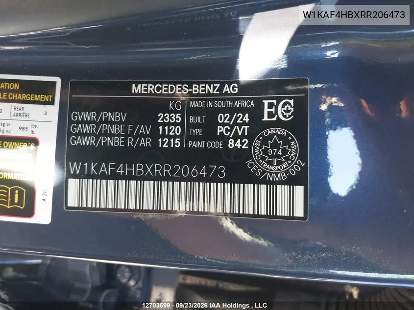 2024 MERCEDES C-KLASSE VIN W1KAF4HBXRR206473 — фото 9