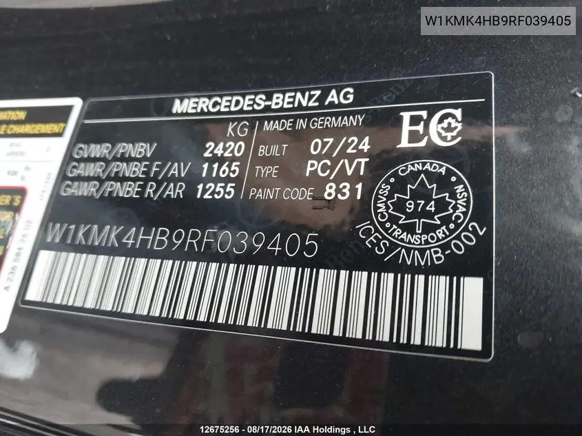 2024 MERCEDES CLE-KLASSE VIN W1KMK4HB9RF039405 — фото 9