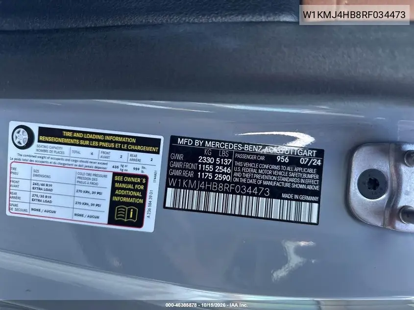 2024 MERCEDES CLE-KLASSE VIN W1KMJ4HB8RF034473 — фото 9