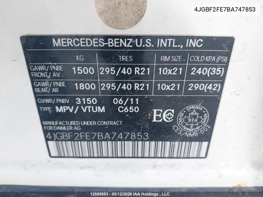 2011 MERCEDES GL-KLASSE VIN 4JGBF2FE7BA747853 — фото 9