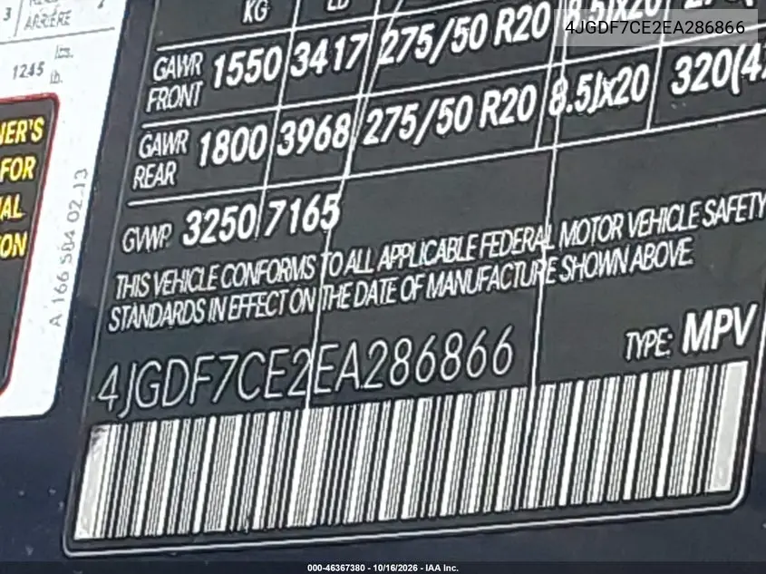 2014 MERCEDES GL-KLASSE VIN 4JGDF7CE2EA286866 — фото 9