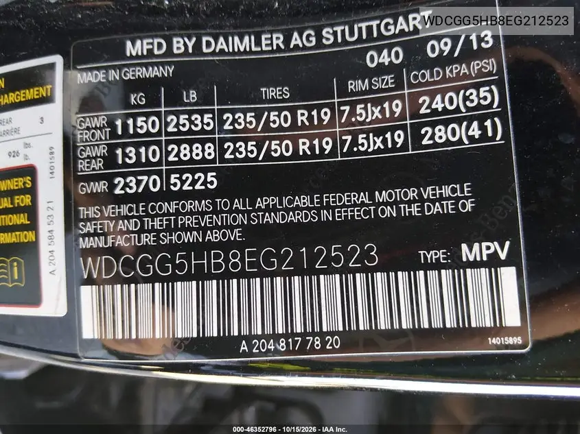 2014 MERCEDES GLK-KLASSE VIN WDCGG5HB8EG212523 — фото 9