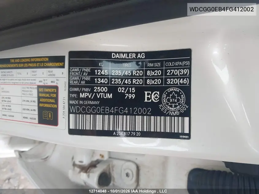 2015 MERCEDES GLK-KLASSE VIN WDCGG0EB4FG412002 — фото 9
