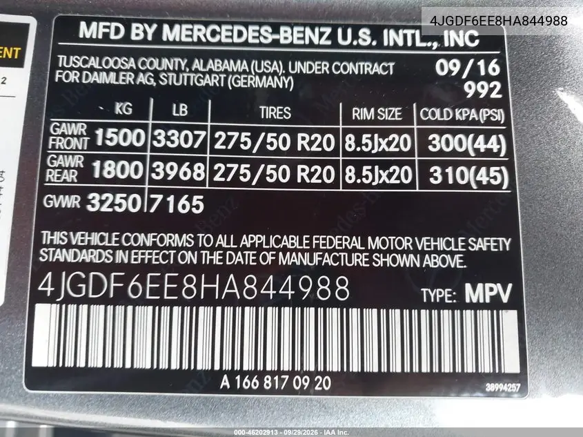 2017 MERCEDES GLS-KLASSE VIN 4JGDF6EE8HA844988 — фото 9