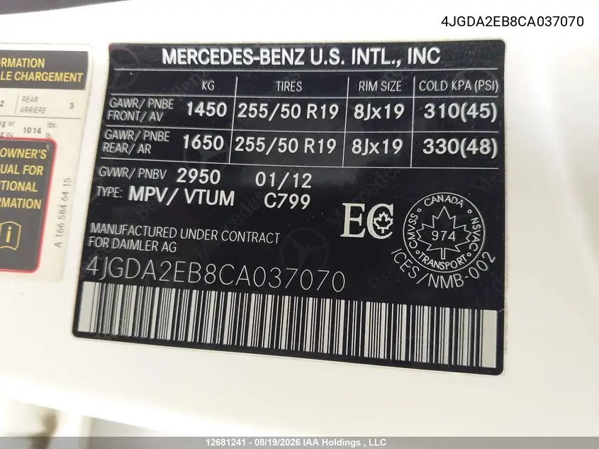 2012 MERCEDES M-KLASSE VIN 4JGDA2EB8CA037070 — фото 9