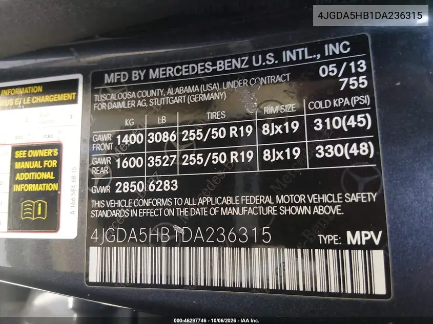 2013 MERCEDES M-KLASSE VIN 4JGDA5HB1DA236315 — фото 9
