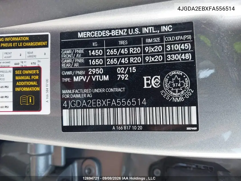 2015 MERCEDES M-KLASSE VIN 4JGDA2EBXFA556514 — фото 9