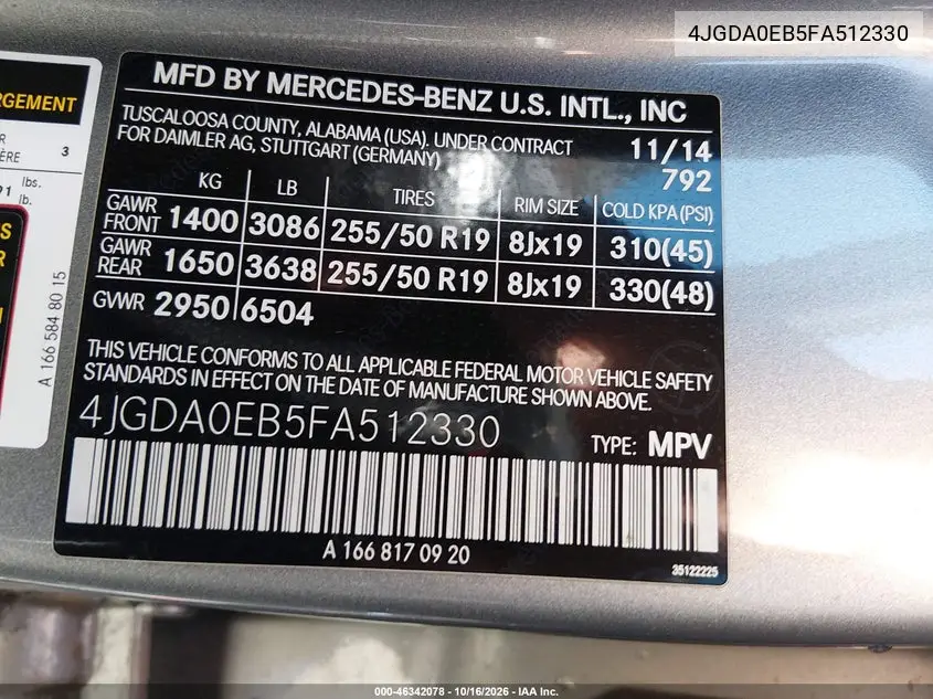 2015 MERCEDES M-KLASSE VIN 4JGDA0EB5FA512330 — фото 9