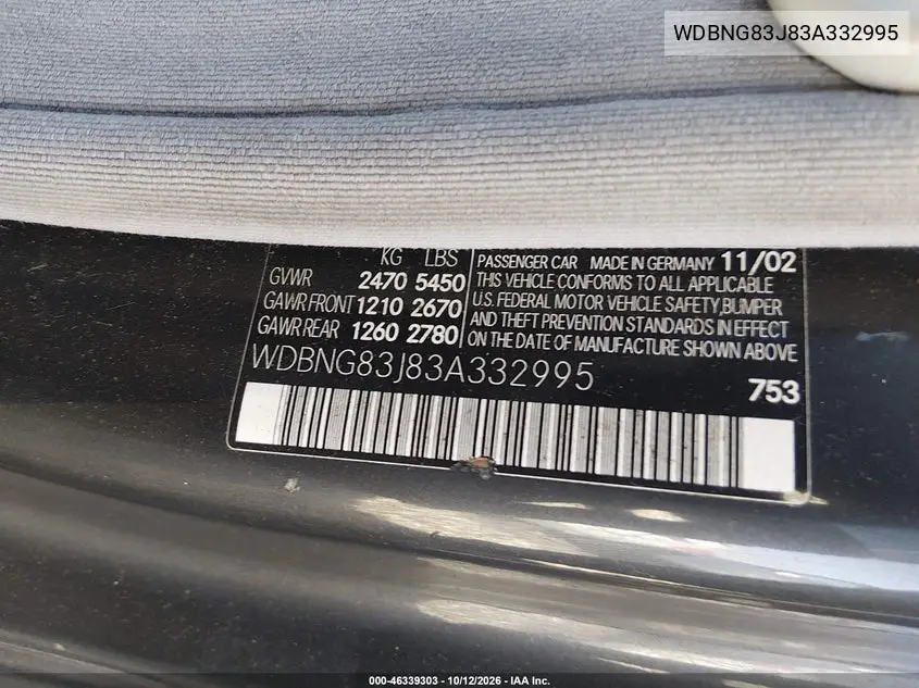 2003 MERCEDES S-KLASSE VIN WDBNG83J83A332995 — фото 9